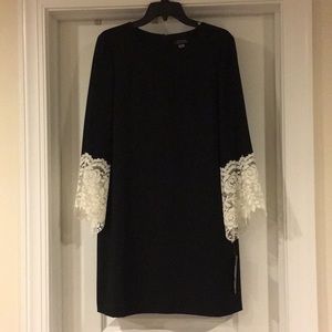 Tahari black dress with lace bell sleeves